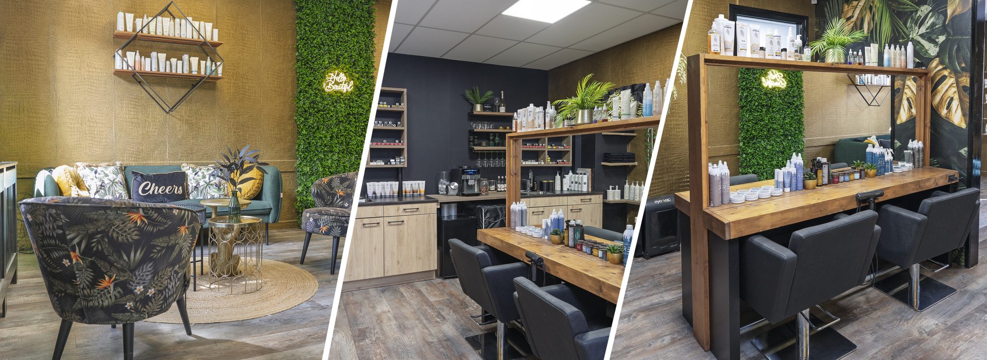 Interieur van kapsalon Hair & Co in Tiel: de zithoek, de werkplekken bij de spiegel en de colorbar